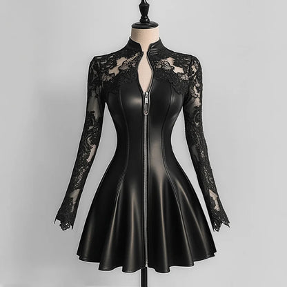 PU Leather Dresses for Women Stand Collar Lace Long Sleeve Zipper Slim Fit Mini Dress Woman Elegant A-Line Dress Streetwear Top