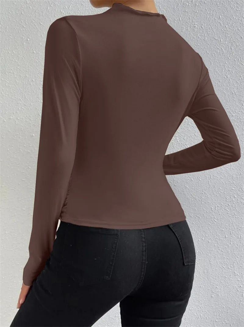 Fashion Solid Color Slim Fit T Shirt Women Trendy All-match Folds Long Sleeve T Shirts Ladies Tops Streetwear 2024 Spring New