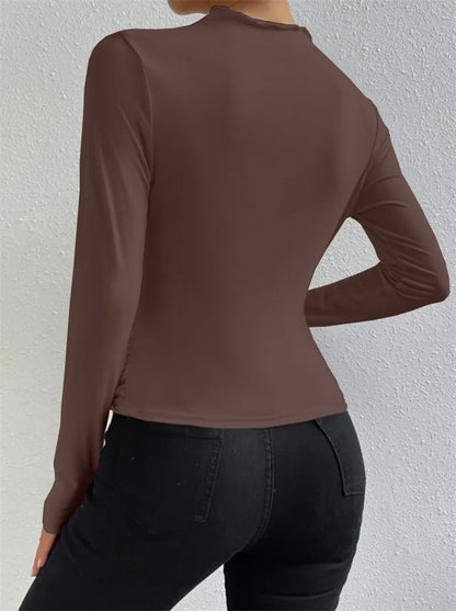 Fashion Solid Color Slim Fit T Shirt Women Trendy All-match Folds Long Sleeve T Shirts Ladies Tops Streetwear 2024 Spring New