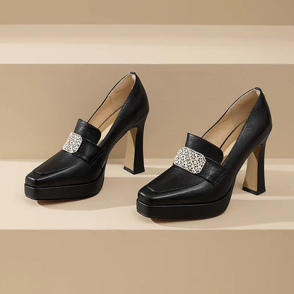 【JOCHEBED HU】Brand Genuine Leather Platform Shoes for Ladies Square Toes Women's Sewing Lines High Heels Leather