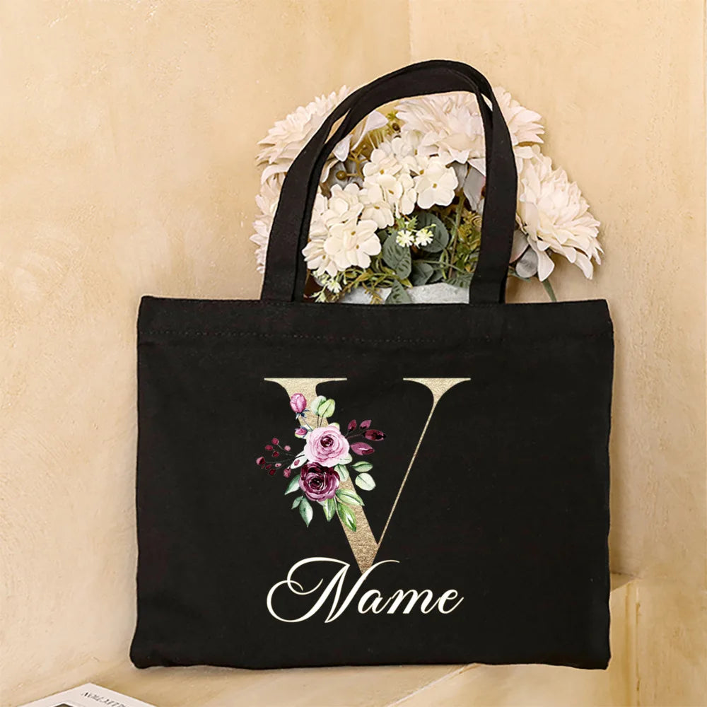 Personalized Initial with Name Tote Bag Women Canvas Shoulder Bags Monogram Shopping Bag Handbags Birthday Wedding Gifts for Her