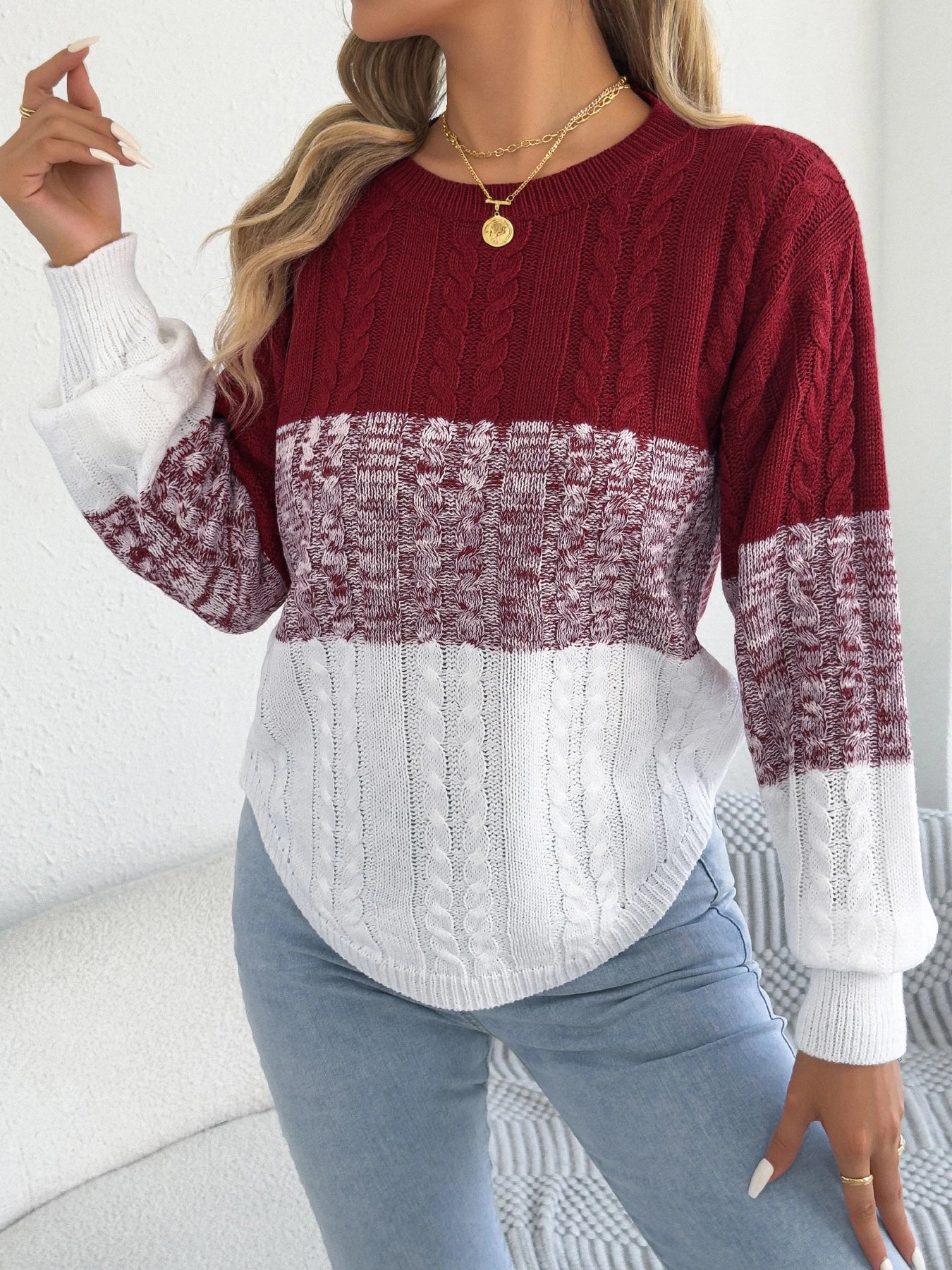 Woman Casual Color Block Striped Sweater Round Neck Lantern Long Sleeve Twist Knitted Tops for 2025 Autumn Winter Women Clothes