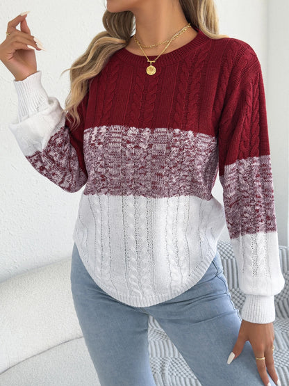 Woman Casual Color Block Striped Sweater Round Neck Lantern Long Sleeve Twist Knitted Tops for 2025 Autumn Winter Women Clothes