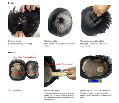 100% Human Hair Toupee Wigs for Men Hair Male Wig Capillary Prothesis Replacement System Men's Wig Real Hair for Cover Grey Hair