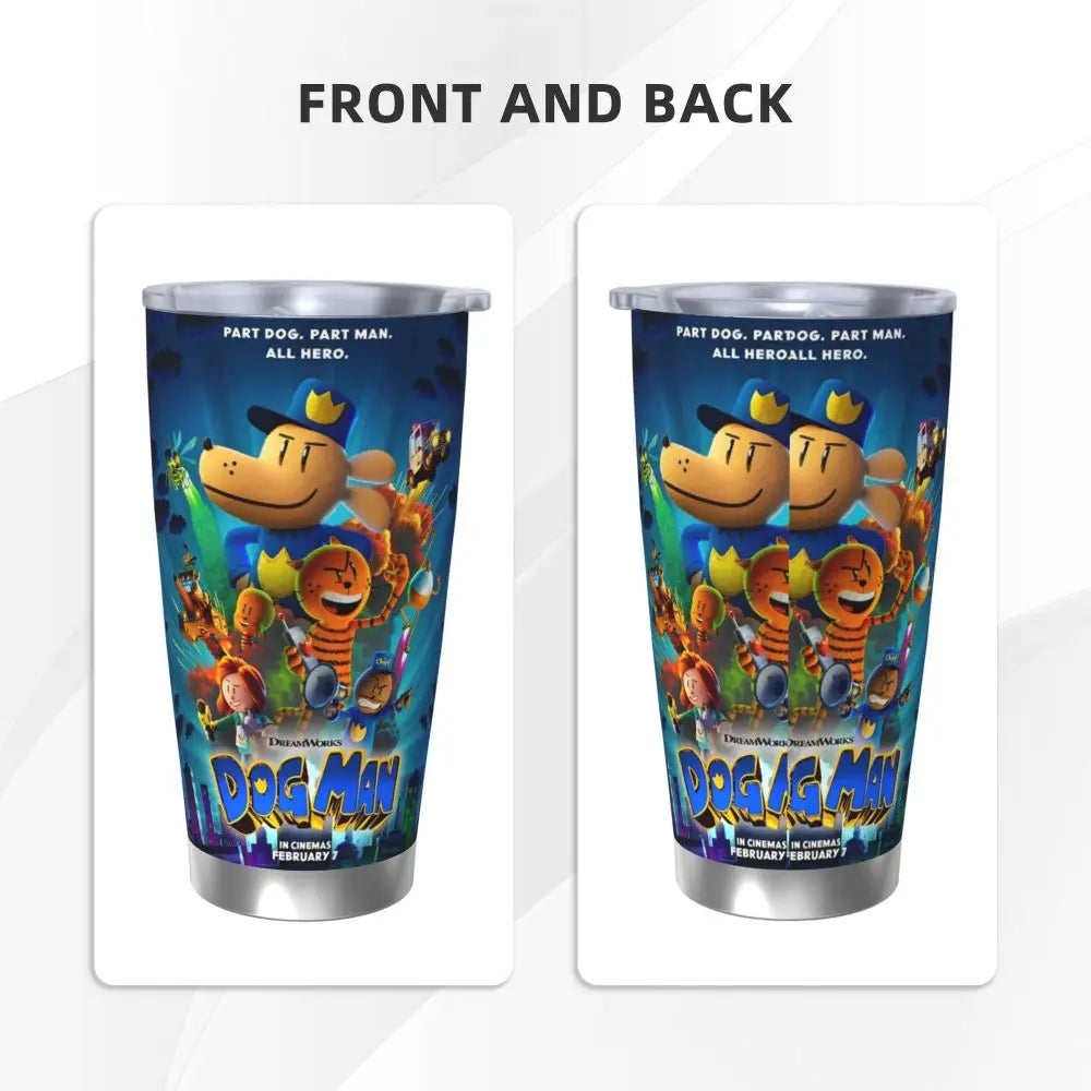 Dog Man Dogman Movie Comic Insulated Tumbler with Straws Cartoon Stainless Steel Thermal Mug Double Wall Car Bottle Cups, 20oz