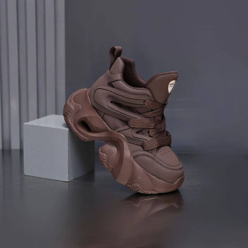 Chunky Platform Hidden Height Increasing Sneakers Casual Lace Up Shoes In White And Grey With Hollow Out Design For Streetwear
