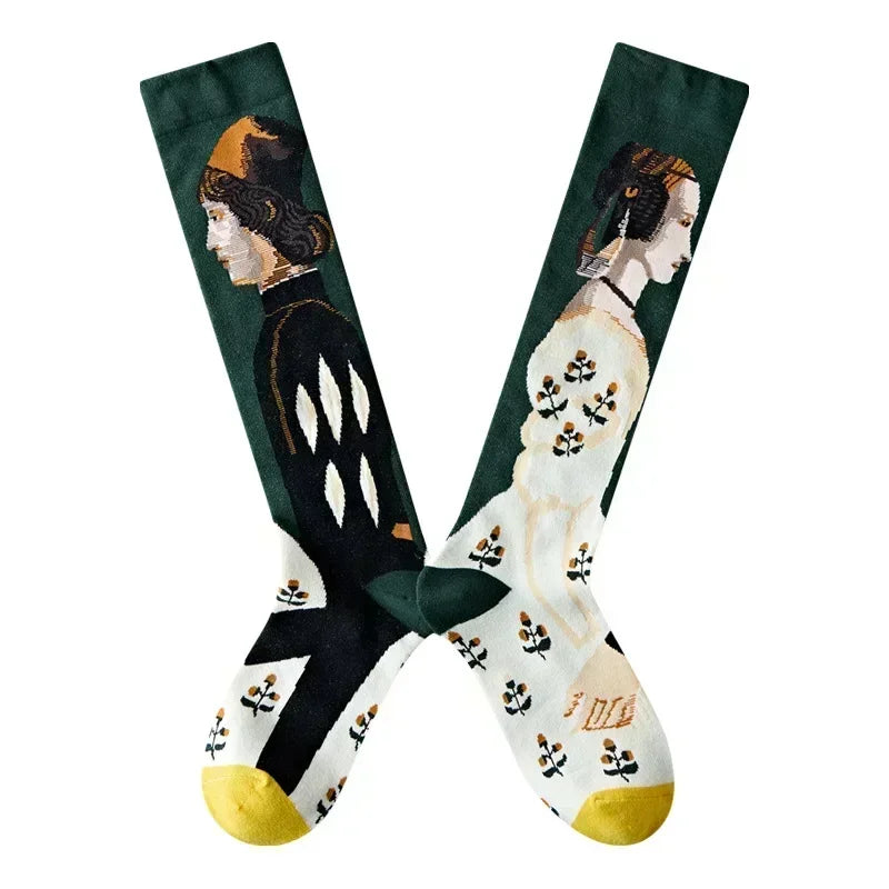 Socks Women's High Tube Calf Knee-length Socks Retro Illustration Art Abstract Street Autumn and Winter Cotton Socks High Sock