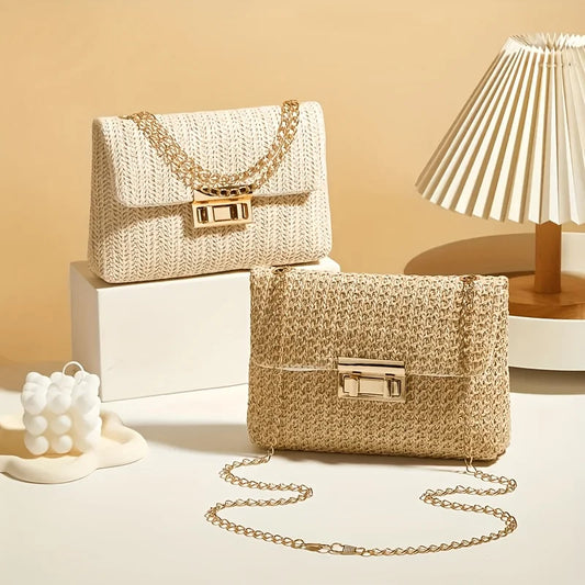 Women's Elegant Woven Straw Shoulder Bag, Multi-Functional Crossbody/Handbag with Polyester Lining Fashion Wallet Cute Small Bag