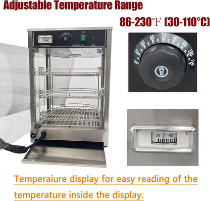 Commercial Food Warmer 3 Tier Countertop Food Display Case, 110V 850W Stainless Steel Pizza Warmer with Temperature Display
