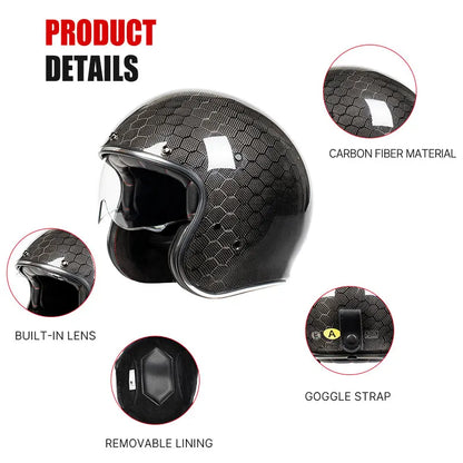 DOT Approved 12K Carbon Fiber Open Face Helmet with Visor Motorcycle Helmet Cascos Para Motos 3K 12K Jet Helmets Four Seasons