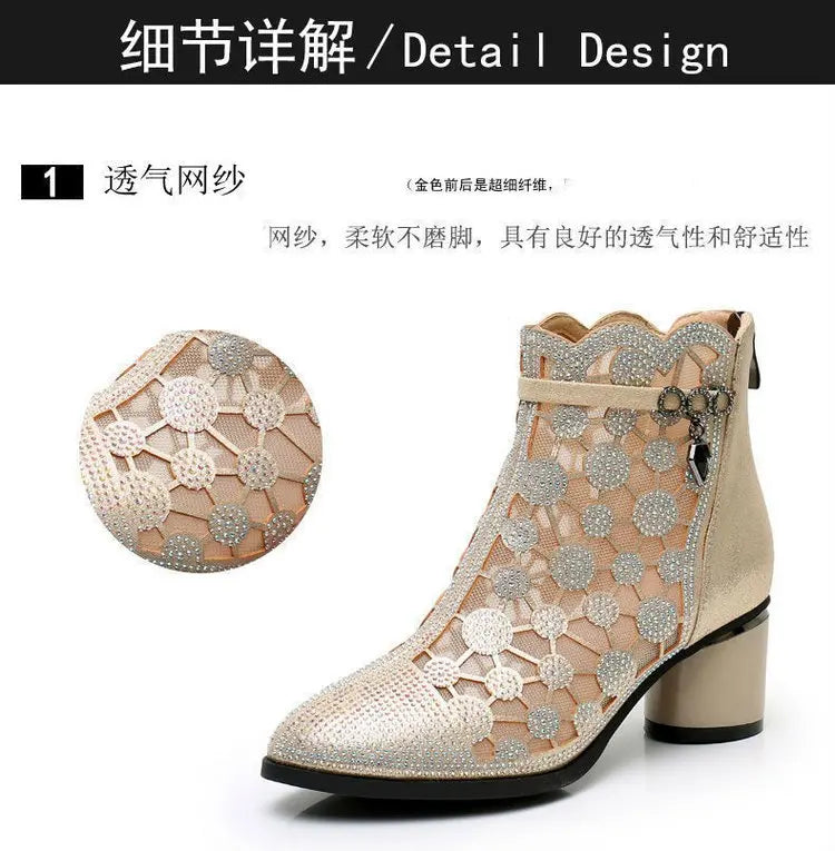 2026 Spring Summer Fashion Rhinestones Gauze Sandals Thick Heels Mesh Autumn Ankle Boots Female Hollow Women's Shoes