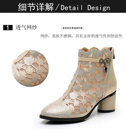 2026 Spring Summer Fashion Rhinestones Gauze Sandals Thick Heels Mesh Autumn Ankle Boots Female Hollow Women's Shoes