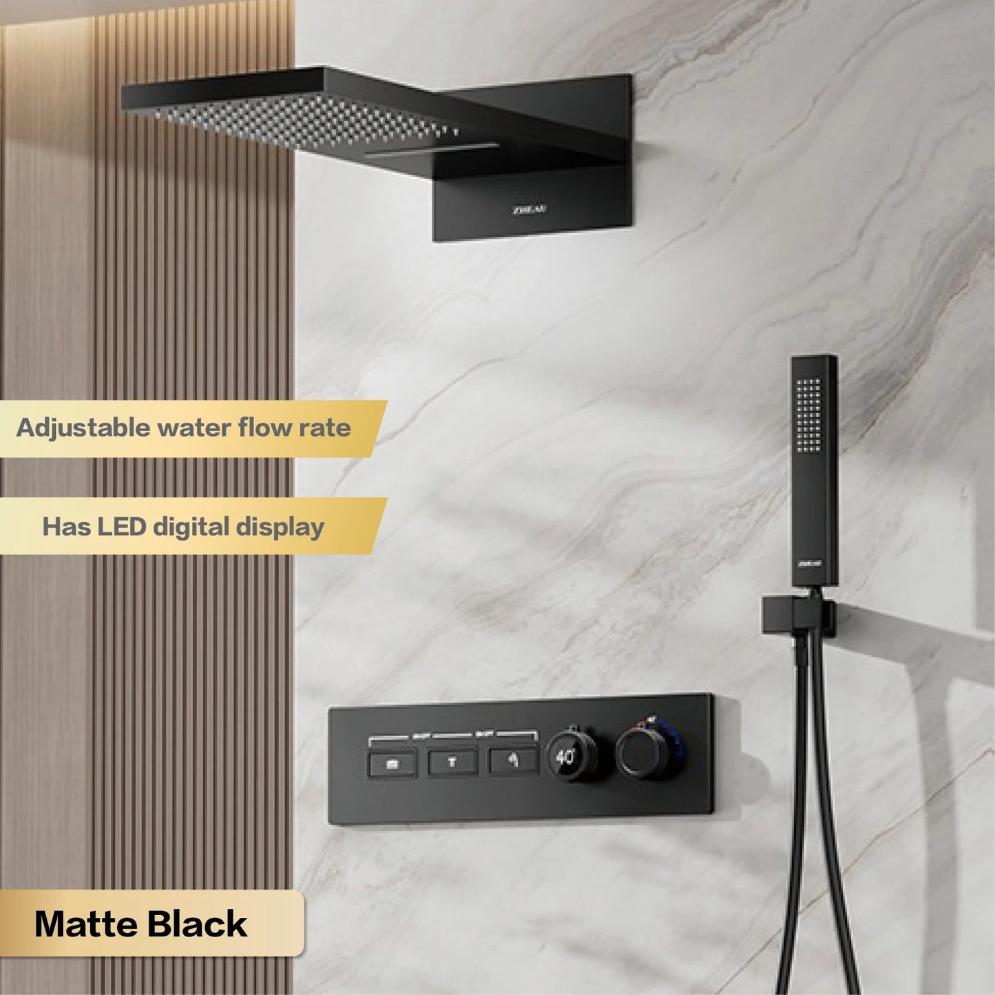 Luxury brass gun gray wall mounted shower system, wall mounted design with constant temperature LED digital display bathroom Tap