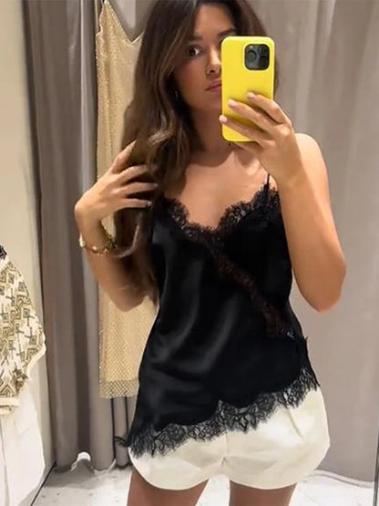 Sexy Floral Lace Satin Patchwork Camisole Vest For Women Summer Y2K Sleeveless Backless Tank Holiday Evening Party Lady Chic Top