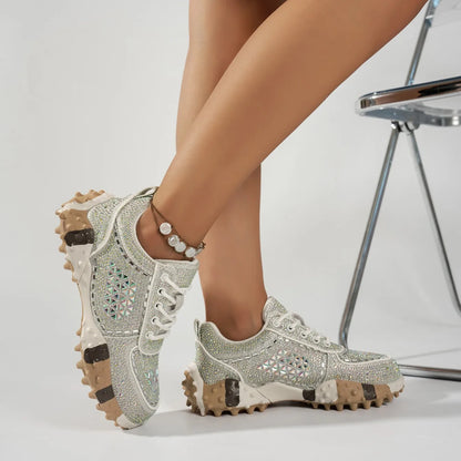 2026 Thick Soled Color Blocked Women's Sneakers Luxury Rhinestone Loafers Fashion Versatile Comfort Anti Slip Women Shoes Tenis