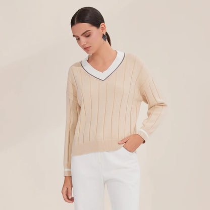 BY4521246 Women's Luxurious V-Neck Long Sleeve Sweater 100% Cotton Casual Knitted Pullover Fall Winter 2025