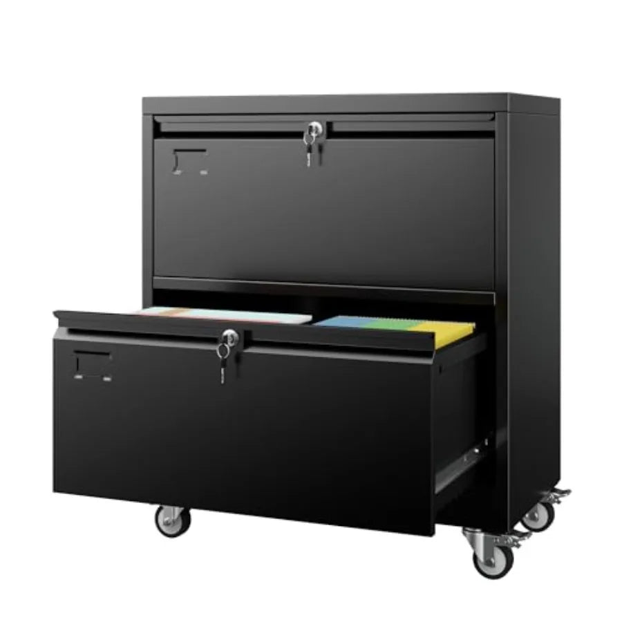 2 Drawer Lateral File Cabinet with Wheels Lockable Metal Filing Cabinet for Home Office Legal/Letter Size Black Required Assemb