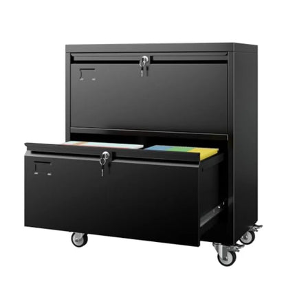 2 Drawer Lateral File Cabinet with Wheels Lockable Metal Filing Cabinet for Home Office Legal/Letter Size Black Required Assemb