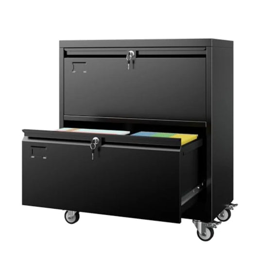 2 Drawer Lateral File Cabinet with Wheels Lockable Metal Filing Cabinet for Home Office Legal/Letter Size Black Required Assemb