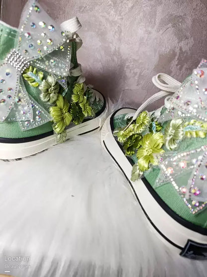 High-top Canvas Shoes for Women Green Bow Embroidery Flower Candy Color Canvas Handmade Fashion Casual Shoe Big Size 43 44