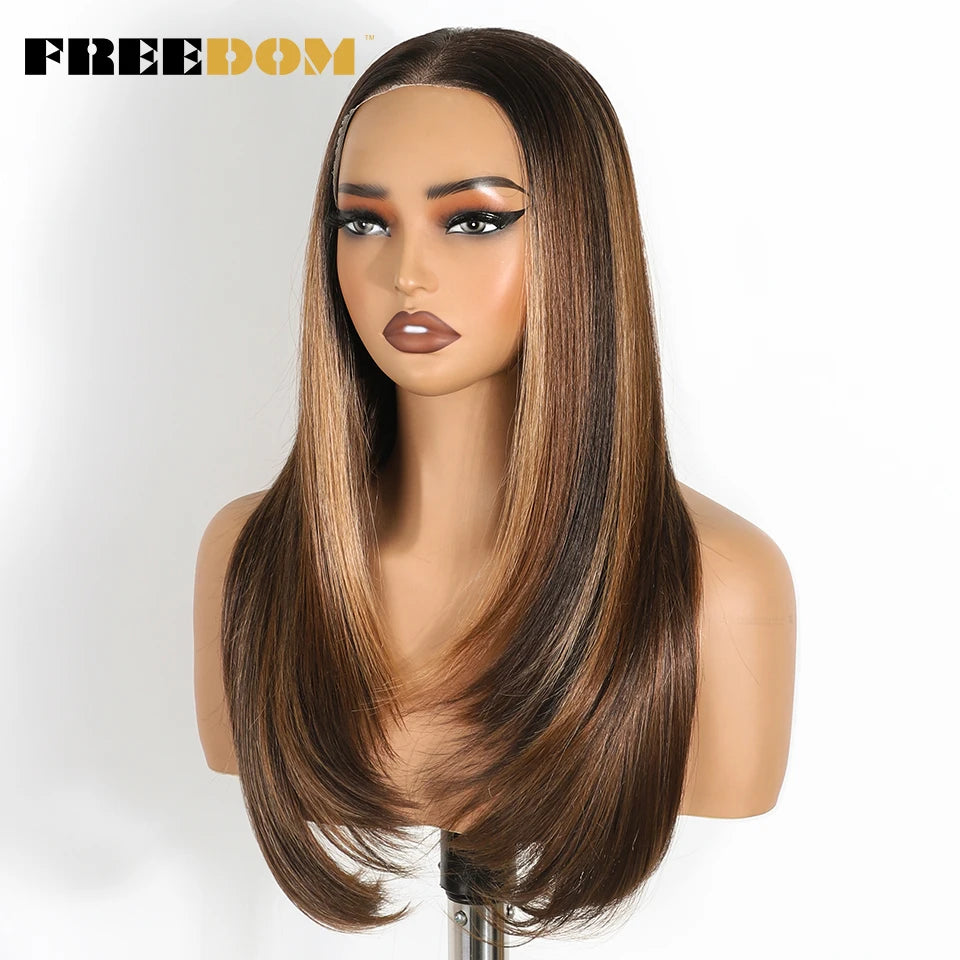 FREEDOM 9x6 Pre Plucked Synthetic Lace Front Wigs For Women Straight Layerd Wig 24" Ombre Blonde Wear And Go Glueless Lace Wigs