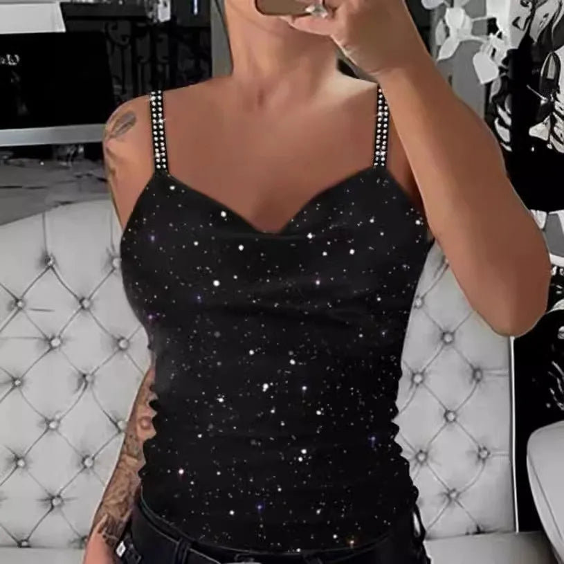 Women's Fashion Tank Top Camisole Glitter Rhinestone V-Neck Cami Tops Cross Strap Vest Female Night Club Wear Summer New Clothes