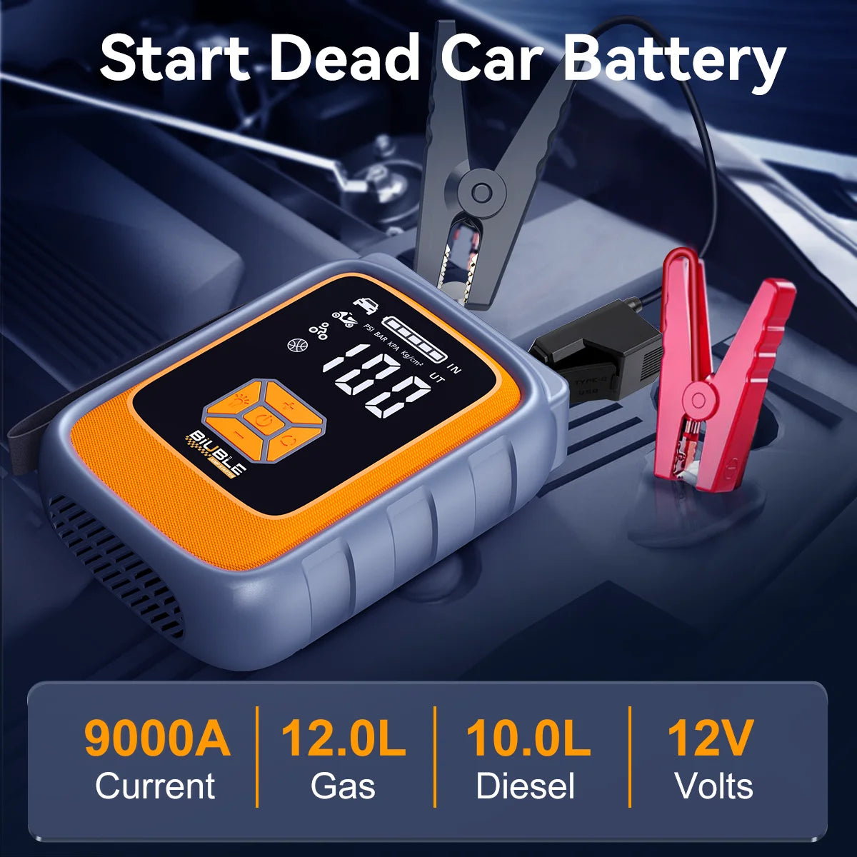 9000A Peak Jump Starter with 150 PSI Air Compressor - All Gas/10L Diesel Portable Jump Box | USB QC 3.0 18W Fast Charge