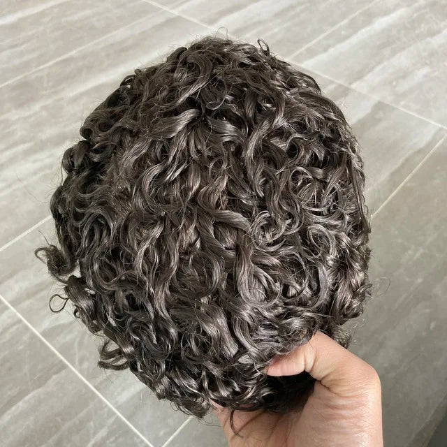 Microskin 0.06mm-0.08mm PU Base Natural Hairline Men's Curly Blonde Human Hair Wig Hair Replacement Capillary Prosthesis Toupee