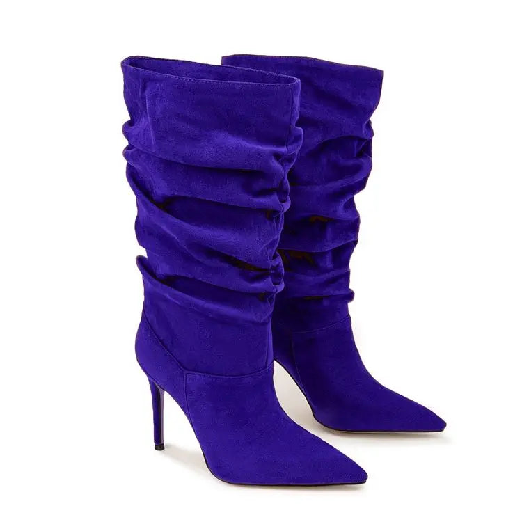 2025Women's Autumn and Winter New Pleated High-heeled Short Boots with Pointed Sleeves, Women's 35-47 Large Mid Length Boots
