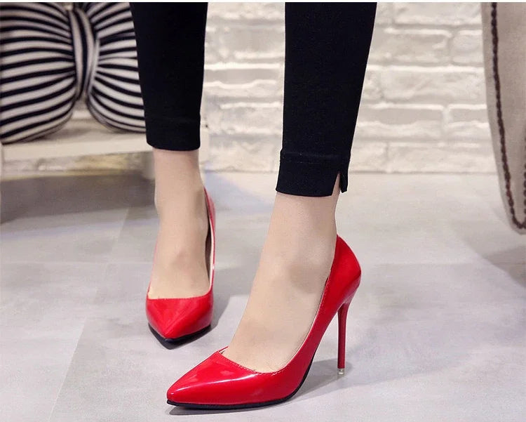 Nude Pumps for Women High Heel Shoes Female Fashion Patent Leather Sexy Pointed Toe Thin Heel Wedding Shoes Plus Size 34-44