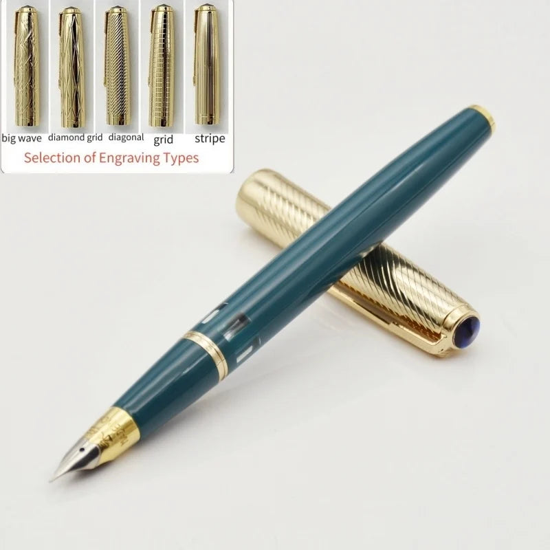 WingSung 601A Double Blue Stone Fountain Pen Gold Carving Cap Vacuum Piston F 0.5mm Iridium Wrapped Nib Writing Ink Pens Gift