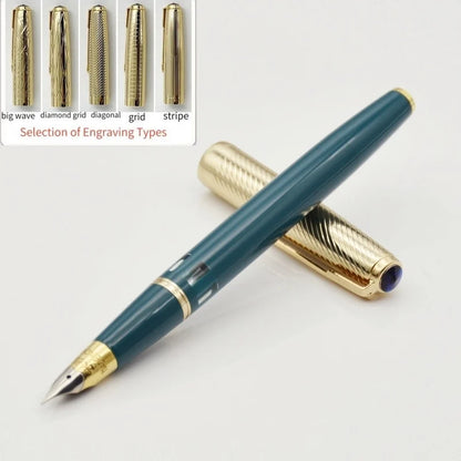 WingSung 601A Double Blue Stone Fountain Pen Gold Carving Cap Vacuum Piston F 0.5mm Iridium Wrapped Nib Writing Ink Pens Gift