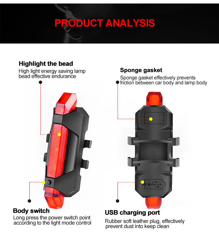USB Rechargeable Bicycle Lights Bike Safety Warning Lamp Outdoor Waterproof Cycling Flashlight For Mountain And Road Bikes