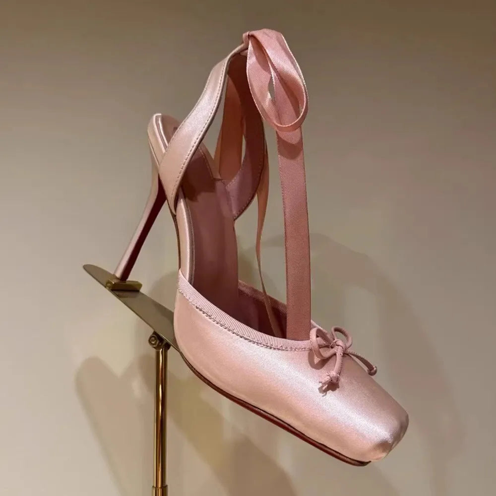 2026 Women Summer High Heeled Shoes for Woman's Square Toe Thin Heels Butterfly-Knot Pumps Sexy Ladies Ankle Strap Wedding Shoes