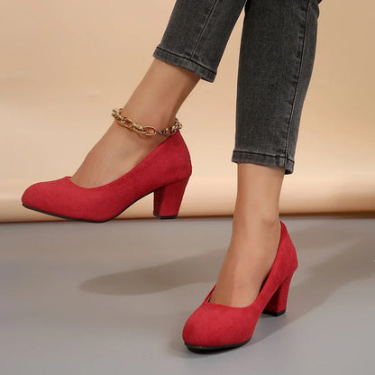 Autumn Single Shoes Women's Fashion New Round Toe Shallow Suede Cover Foot Non-slip Wear-resistant High Heels