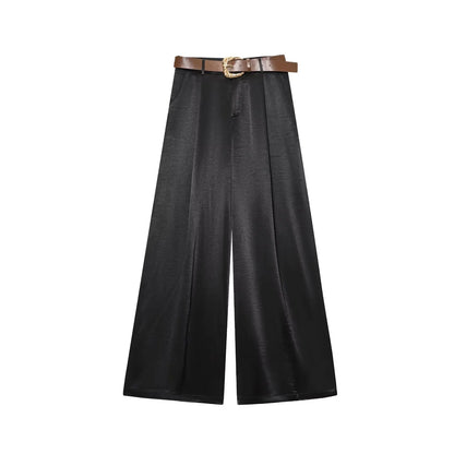UNIZERA Leopard Satin with Belt High Waisted Trousers Wide Leg Pants Women's Clothing 2025 Summer New Arrivals Casual Pants