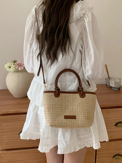 Summer Vacation Women's Beach Straw Shoulder Bag Retro Design Ladies Portable Crossbody Bags Knot Basket Woven Tote Handbags