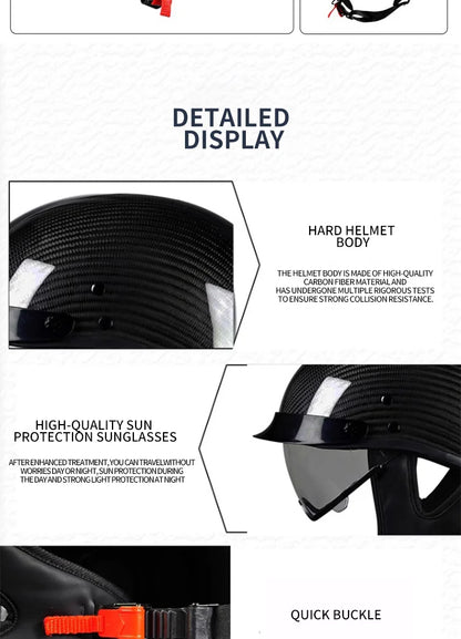    Best Seller Carbon Fiber Retro Motorcycle Half Face Helmet with Comfortable Lining Protective Goggles Helmet Factory Wholesale