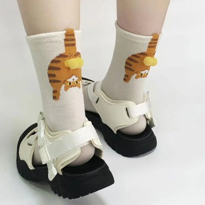Cartoon Cat Egg Socks Soft Breathable Cute Mid Tube Cotton Socks 3D Cat Egg Balls Unique Design Trendy Funny
