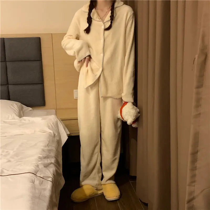 Flannel Women's Pajamas Sets Casual Autumn Winter Sleepwear Velvet Pyjama Ladies Cardigan Simple Bedroom Soft Warm Home Clothes