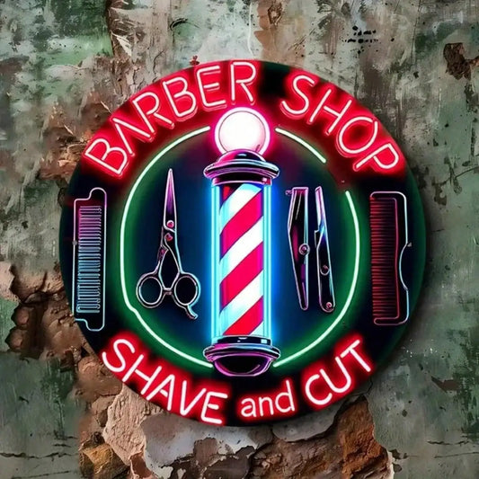 Neon Light Barber Sign 7.87x7.87 Inch, Metal Vintage Wall Art Rustic Waterproof Outdoor & Indoor Decor