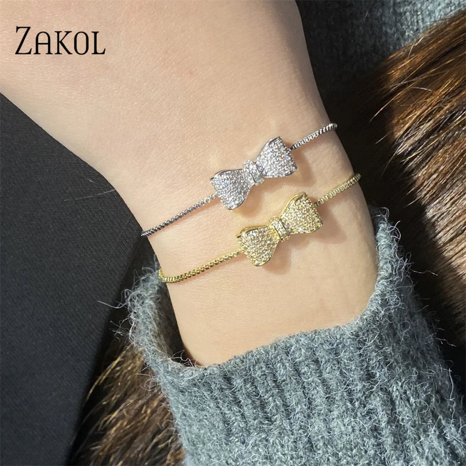 ZAKOL Fashion Bow Zirconia Crystal  Adjustable Bracelet & Bangle for Women Brilliant CZ Party Jewelry