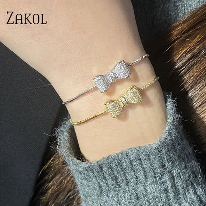 ZAKOL Fashion Bow Zirconia Crystal  Adjustable Bracelet & Bangle for Women Brilliant CZ Party Jewelry