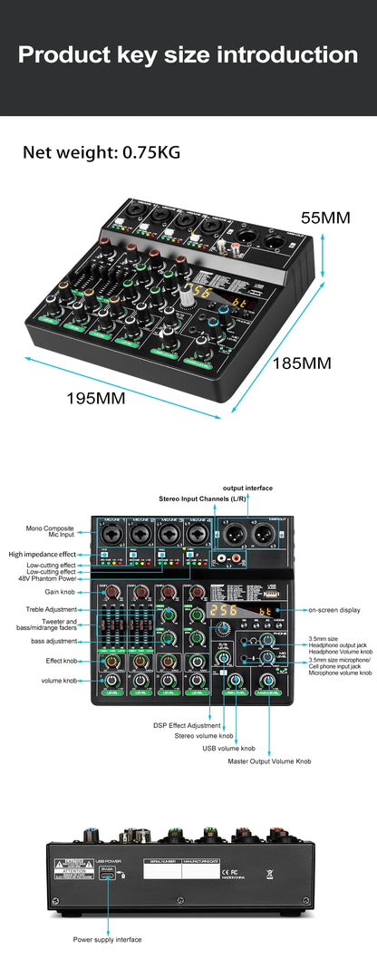 GAX-GT6  Professional 6-channel audio mixer, portable audio card, mixer，6-channel DJ controller/audio console mixer