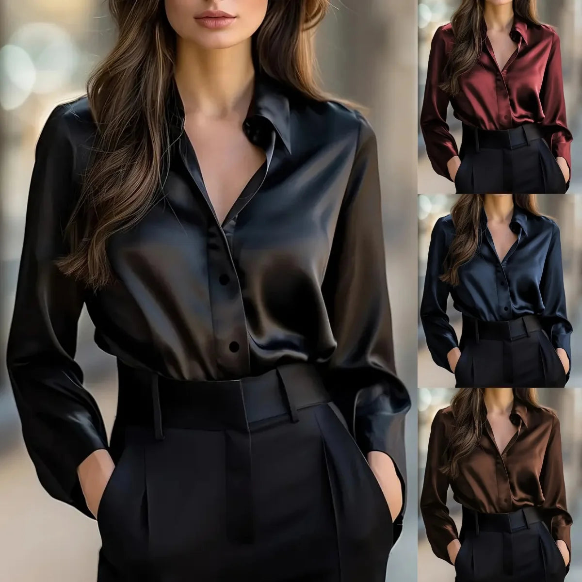 2025 Spring and Autumn Women's Lapel Shirt Brown Button Cardigan Top Black Elegant Fashion Office Basic Blouses for Female