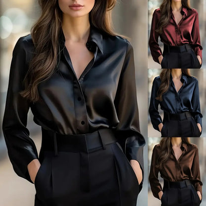 2025 Spring and Autumn Women's Lapel Shirt Brown Button Cardigan Top Black Elegant Fashion Office Basic Blouses for Female