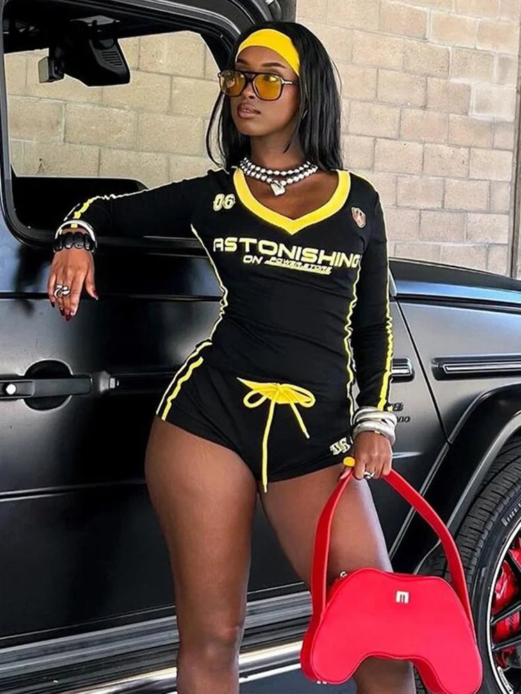 kliou Letter Print Panelled Women 2Piece Set Sporty Autumn Matching Full Sleeve Slim Tees+Bandage Shorts Female Track Streetwear