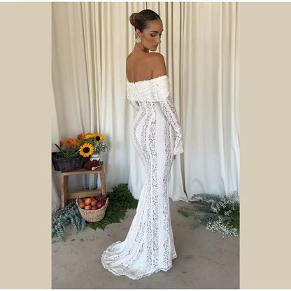 White Sexy Lace Flare Sleeve Dress Off Shoulder Slim Maxi Dresses Women 2024 Female Hollow Out Mermaid Floor Length Elegant Robe