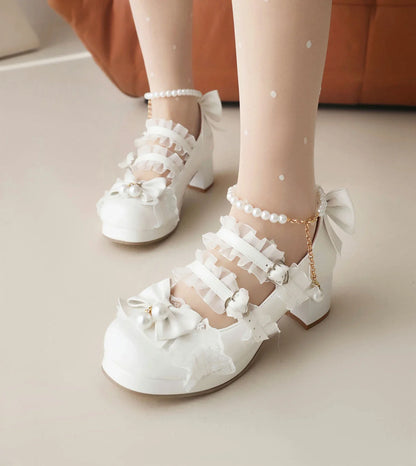 Cross Strap Women High Heels Mary Jane Pumps Party Wedding Cosplay White Pink Black Strawberry Bow Princess Cosplay Lolita Shoes