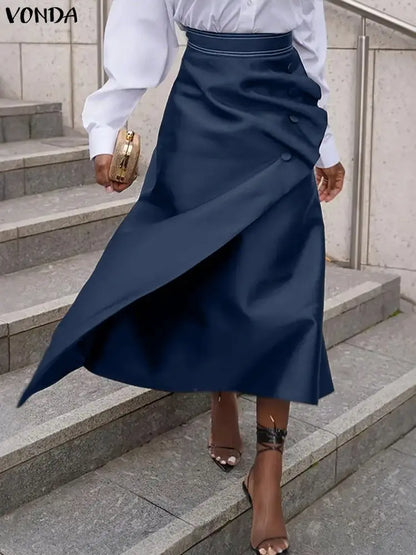 VONDA Plus Size 5XL Elegant Women Satin Skirts High Waist Button Pleated Asymmetrical Maxi Jupes Fashion Solid Long Faldas Saia